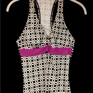 Women’s Unbranded Swimsuit Top Small V-Neck Racerback White Black Pink EUC